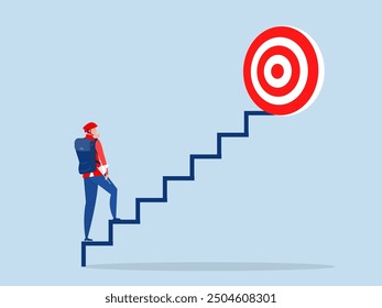 businessman walking up stair with arrow as path to reach goal.vector illustrator