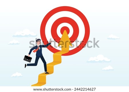 Businessman walking up stair with arrow as path to reach goal, reach target or progress to reach goal, career step to success, achievement or growth, challenge and motivation to succeed (Vector)