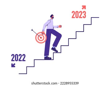 Businessman walking up stair with business target of new year 2023, ambitious on the  2023, business new plan and goal in 2023 concept