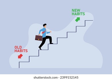 Businessman walking up stair to new habits way, Old Habits and new habits choice 2d vector illustration concept