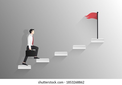 Businessman walking up the stair to red flag on top concept. Business symbol vector illustration