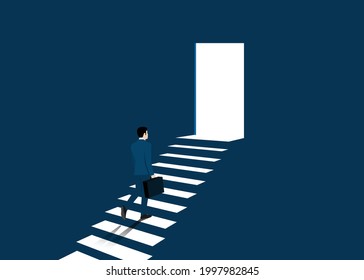 Businessman walking up the stair to success and goal achievement. Business startup concept. Success, career, achievement, vector illustration flat