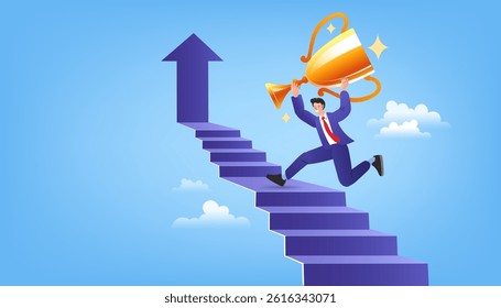 Businessman walking up staircase to trophy. Long road to success and target. Ambitious businesswoman ready to overcome difficulties on way to victory in business. Vector business concept illustration.