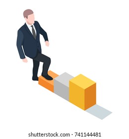 Businessman is walking up the stairs, career ladder, way to success, pedestal isometric 3d vector illustration

