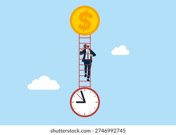 Businessman walking up the stairs from clock to dollar coin. Time is money bridge and productivity transition. Value of money increases over time. World economic vision for business, technology. 