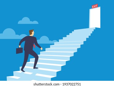 Businessman walking up the stairs to the exit, Business solution or exit strategy concept, Flat design vector illustration