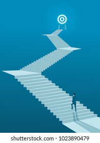 Businessman Walking up Stairs to Goal, Business Concept Simple Vector of Overcome Obstacles to Success.