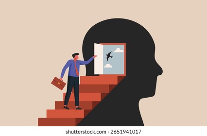 Businessman walking up stairs into a human head silhouette, opening a door that reveals a bright sky and a flying bird, concept of open mindedness, personal growth, vector flat  illustration
