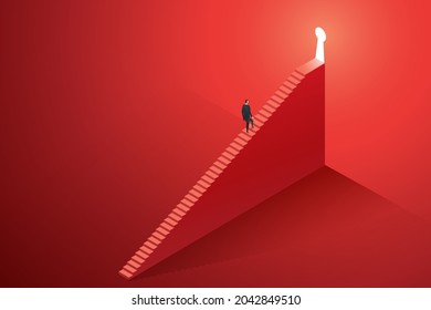 Businessman walking up stairs to keyhole door shining on big red wall, concept business opportunity and challenges in the future. isometric vector illustration.