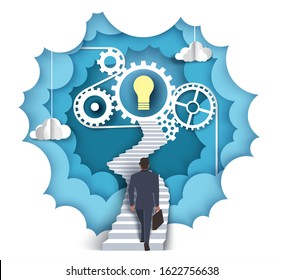 Businessman walking up stairs leading to light bulb with gears, cogwheels at the end, vector layered paper cut style illustration. Path to idea, way to success concept for poster, banner etc.