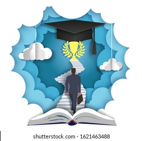 Businessman walking up stairs leading to trophy cup and graduation hat at the end, vector layered paper cut style illustration. Path to knowledge, professional growth concept for poster, banner etc.