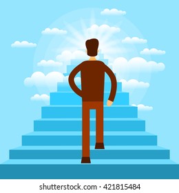Businessman Walking Up Stairs to Sky Business Man Rear View Flat Vector Illustration