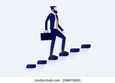 Businessman walking up stairs to success - Modern man with briefcase in staircase heading for success. Career growth and progress concept. Vector illustration.