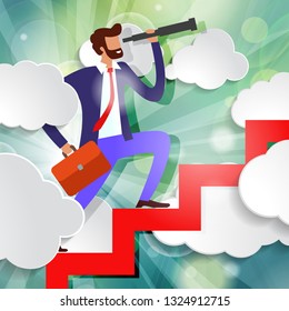 Businessman is walking up the stairs with telescope and briefcase among white paper clouds on beautiful spring green sunny rays light background
