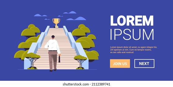 businessman walking up stairway to golden trophy cup business man win prize path to successful growth victory