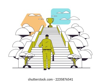 businessman walking up stairway to golden trophy cup business man win prize path to successful growth victory