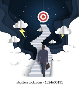 Businessman walking up stairway to target, vector illustration in layered paper art modern craft style. Path to success, business growth, career advancement concept.