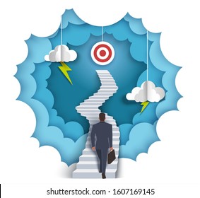 Businessman walking up stairway to target, vector layered paper cut style illustration. Path to success, business journey, successful goal achievement, career advancement, challenge concept.