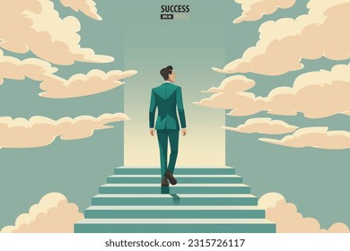 Businessman walking up and stepping the stair to success and goal achievement. Vector Illustration