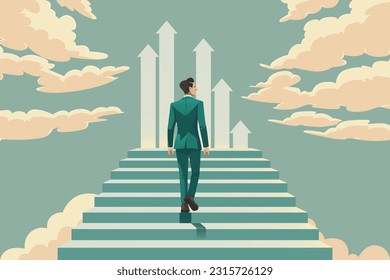 Businessman walking up and stepping the stair to success and goal achievement. Vector Illustration