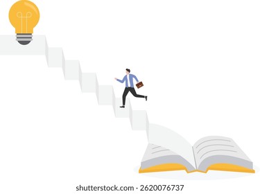Businessman walking up the steps formed by books

