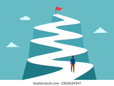 Businessman walking to the success flag on top of the mountain. Route to success. Leadership concept.