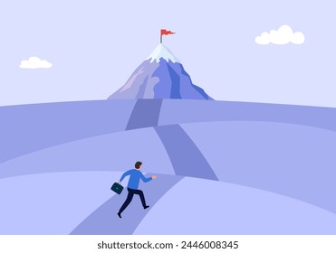 Businessman walking to the success flag on top of the mountain in flat design. Symbol of the startup, business finance, achievement and leadership concept vector illustration.