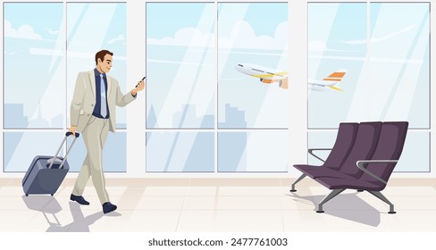 Businessman walking with suitcase in airport terminal, looking at phone. Flat design. Blue sky with airplane visible through large window. Travel concept. Vector illustration