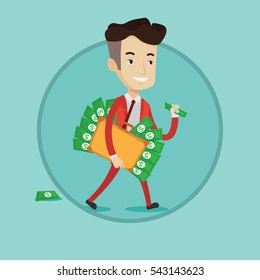 Businessman walking with suitcase full of money. Businessman holding briefcase full of money. Businessman with money in his bag. Vector flat design illustration in the circle isolated on background.