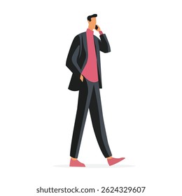 Businessman walking and talking on the phone in a modern city setting during a sunny day