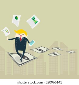 Businessman walking through gap of banknote. Business Growth Concept ,creativity design vector.