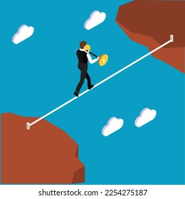 Businessman walking through the gap on the rope 3d isometric vector illustration concept for banner, website, landing page, ads, flyer template