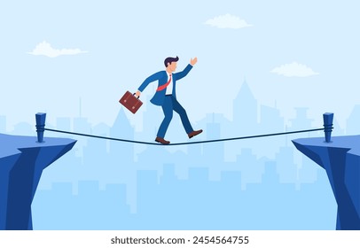 Businessman is walking a tightrope across the gap between the rocks. business concept risk and danger. financial crisis. Risk management challenge. Vector illustration in flat style.