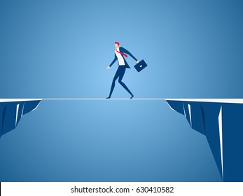 Businessman walking tightrope across the gap between hill. Walking over cliffs.Business risk and success concept. Cartoon Vector Illustration.