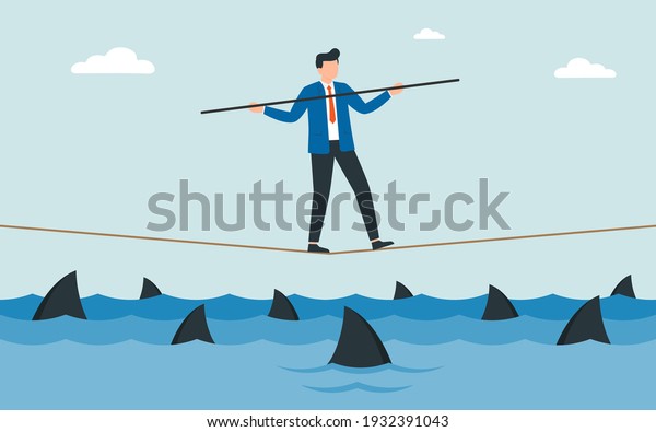 Businessman walking a tightrope with\
balancer stick over shark in water. Obstacle on road, financial\
crisis. Way to success. Vector\
illustration