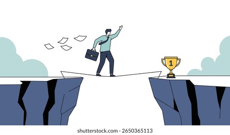 Businessman walking a tightrope over a chasm towards a trophy symbolizing success