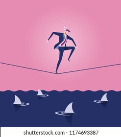 Businessman Walking a tightrope over sea of sharks - Business Concept Illustration