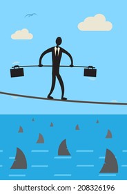 A businessman walking a tightrope over shark infested waters. A metaphor on high risk financial strategy.