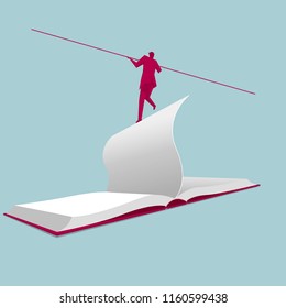 Businessman walking tightrope,standing on the page of the book.The background is blue.