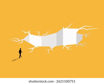 Businessman walking towards the big trap hole