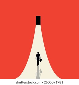 Businessman walking towards the door. People walking towards the goal. Concept of success, goal, motivation, personal growth, problem solving, hard work, big ambitions, opportunities, hope. Vector.