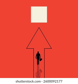 Businessman walking towards the door. People walking towards the goal. Concept of success, goal, motivation, personal growth, problem solving, hard work, big ambitions, opportunities, hope. Vector.