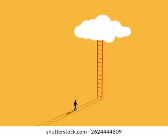 Businessman walking towards a ladder to the clouds, career, opportunity and goal concept