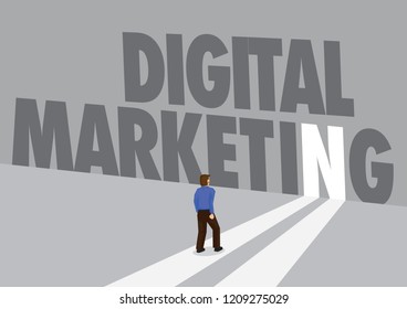 Businessman walking towards a light path with the text marketing. Business marketing concept of disruption, promotion or challenges. Vector illustration.
