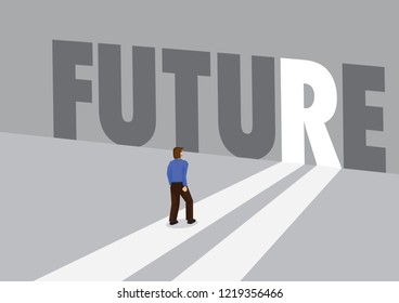Businessman walking towards a light path with the text future. Business concept of future, innovation or disruption. Vector illustration.