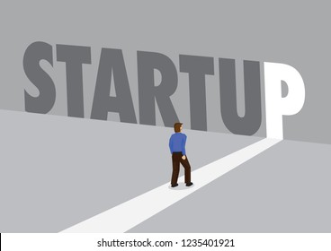 Businessman walking towards a light path with the text startup. Business concept of corporate success, innovation or overcoming challenge. Vector illustration.