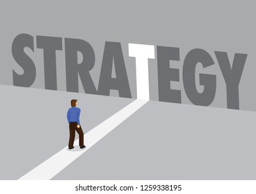 Businessman walking towards a light path with the text strategy. Business concept of planning, innovation or disruption. Vector illustration.