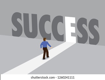 Businessman walking towards a light path with the text success. Business concept of business success, innovation or overcoming challenge. Vector illustration.