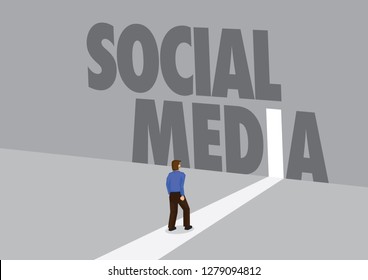Businessman walking towards a light path with the text Social Media. Business concept of marketing, promotion or challenges in social media. Vector illustration.