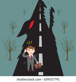 Businessman walking to a trap devil wolf sharp teeth, vector illustration cartoon